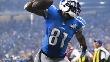 Nov 26, 2015; Detroit, MI, USA; Detroit Lions wide receiver Calvin Johnson (81) celebrates his touchdown against the Philadelphia Eagles during the third quarter of a NFL game on Thanksgiving at Ford Field. Mandatory Credit: Tim Fuller-USA TODAY Sports