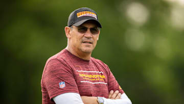 ASHBURN, VA - JUNE 09: Head coach Ron Rivera of the Washington Football Team looks on during mandatory minicamp at Inova Sports Performance Center on June 9, 2021 in Ashburn, Virginia. (Photo by Scott Taetsch/Getty Images)
