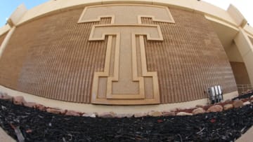 Sep 18, 2021; Lubbock, Texas, USA; A detailed overview of the north end zone of Jones AT&T Stadium before the game between the Florida International Panthers and the Texas Tech Red Raiders. Mandatory Credit: Michael C. Johnson-USA TODAY Sports