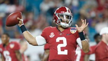 MIAMI, FL - DECEMBER 29: Jalen Hurts #2 of the Alabama Crimson Tide warms up prior to the game against the Oklahoma Sooners during the College Football Playoff Semifinal at the Capital One Orange Bowl at Hard Rock Stadium on December 29, 2018 in Miami, Florida. (Photo by Michael Reaves/Getty Images)