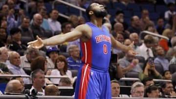 Mar 27, 2015; Orlando, FL, USA; Detroit Pistons center Andre Drummond (0) looks up before the game against the Orlando Magic at Amway Center. Mandatory Credit: Kim Klement-USA TODAY Sports