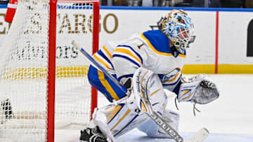 Jan 24, 2023; St. Louis, Missouri, USA; Buffalo Sabres goaltender Ukko-Pekka Luukkonen (1) defends the next against the St. Louis Blues during the second period at Enterprise Center. Mandatory Credit: Jeff Curry-USA TODAY Sports