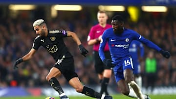 LONDON, ENGLAND - JANUARY 13: Riyad Mahrez of Leicester City is put under pressure by Tiemoue Bakayoko of Chelsea during the Premier League match between Chelsea and Leicester City at Stamford Bridge on January 13, 2018 in London, England. (Photo by Clive Rose/Getty Images)