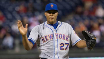 Sep 30, 2016; Philadelphia, PA, USA; New York Mets relief pitcher Jeurys Familia (27) reacts to a victory against the Philadelphia Phillies at Citizens Bank Park. The New York Mets won 5-1. Mandatory Credit: Bill Streicher-USA TODAY Sports