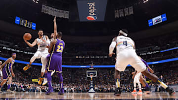 DENVER, CO - NOVEMBER 27: Jamal Murray #27 of the Denver Nuggets passes the ball against the Los Angeles Lakers on November 27, 2018 at the Pepsi Center in Denver, Colorado. NOTE TO USER: User expressly acknowledges and agrees that, by downloading and/or using this Photograph, user is consenting to the terms and conditions of the Getty Images License Agreement. Mandatory Copyright Notice: Copyright 2018 NBAE (Photo by Garrett Ellwood/NBAE via Getty Images)