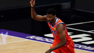 Jaylen Hoard #8 of the Oklahoma City Thunder celebrates against the Sacramento Kings during the game at Golden 1 Center on May 9, 2021 in Sacramento, California. NOTE TO USER: User expressly acknowledges and agrees that, by downloading and or using this photograph, User is consenting to the terms and conditions of the Getty Images License Agreement. (Photo by Ben Green/Getty Images)