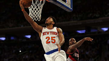 Nov 22, 2016; New York, NY, USA; New York Knicks guard Derrick Rose (25) drives to the basket past Portland Trail Blazers forward Maurice Harkless (4) during the second half at Madison Square Garden. Mandatory Credit: Adam Hunger-USA TODAY Sports