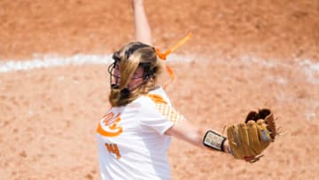 Tennessee's Ashley Rogers (14) pitches during a NCAA Tournament softball game between the Lady Vols and North Carolina, at Sherri Lee Parker Stadium in Knoxville, Sunday, May 19, 2019. North Carolina defeated Tennessee 1-0.Utncsoftball0519 1227