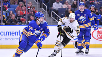 Nov 14, 2023; Buffalo, New York, USA; Buffalo Sabres center Dylan Cozens (24) handles the puck with Boston Bruins center Pavel Zacha (18) in pursuit in the third period at KeyBank Center. Mandatory Credit: Mark Konezny-USA TODAY Sports