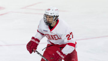 WORCESTER, MA - MARCH 24: Morgan Barron #27 of the Cornell Big Red skates against the Boston University Terriers during the NCAA Division I Men's Ice Hockey Northeast Regional Championship Semifinal at the DCU Center on March 24, 2018 in Worcester, Massachusetts. The Terriers won 3-1. (Photo by Richard T Gagnon/Getty Images) *** Local Caption *** Morgan Barron