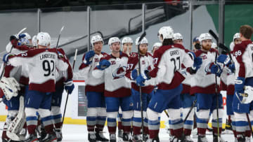 Colorado Avalanche players celebrate. Mandatory Credit: Harrison Barden-USA TODAY Sports