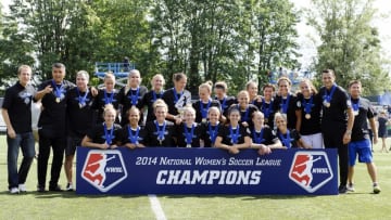 Aug 31, 2014; Tukwila, WA, USA; The FC Kansas City pose for a photograph after defeating the Seattle Reign FC at Starfire Soccer Stadium. Kansas City defeated Seattle 2-1. Mandatory Credit: Steven Bisig-USA TODAY Sports