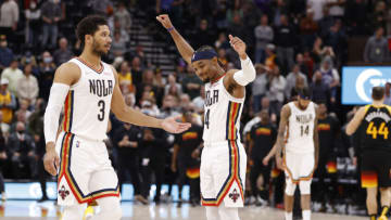 New Orleans Pelicans guard Josh Hart (3) and New Orleans Pelicans guard Devonte' Graham (4) celebrate Credit: Jeffrey Swinger-USA TODAY Sports