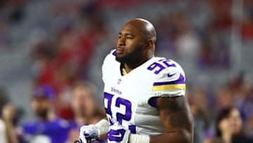 Dec 10, 2015; Glendale, AZ, USA; Minnesota Vikings defensive tackle Tom Johnson (92) against the Arizona Cardinals at University of Phoenix Stadium. The Cardinals defeated the Vikings 23-20. Mandatory Credit: Mark J. Rebilas-USA TODAY Sports