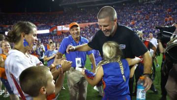 Sep 3, 2022; Gainesville, Florida, USA; Florida Gators head coach Billy Napier celebrates with wife Ali and children Annie and Sammy Nelson and Charlie after defeating the Utah Utes at Ben Hill Griffin Stadium at Steve Spurrier-Florida Field. Mandatory Credit: Kim Klement-USA TODAY Sports