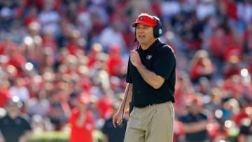 Apr 16, 2016; Athens, GA, USA; Georgia Bulldogs head coach Kirby Smart coaches during the second half of the spring game at Sanford Stadium. The Black team defeated the Red team 34-14. Mandatory Credit: Brett Davis-USA TODAY Sports