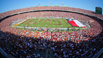 DALLAS, TX - OCTOBER 14: The University of Texas Longhorn Band performs on the field before the football game against the Oklahoma Sooners at Cotton Bowl on October 14, 2017 in Dallas, Texas. (Photo by Richard W. Rodriguez/Getty Images)