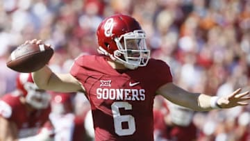 Oct 8, 2016; Dallas, TX, USA; Oklahoma Sooners quarterback Baker Mayfield (6) throws a pass in the first quarter against the Texas Longhorns at Cotton Bowl. Mandatory Credit: Tim Heitman-USA TODAY Sports