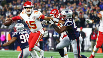 FOXBOROUGH, MA - OCTOBER 14: Patrick Mahomes #15 of the Kansas City Chiefs looks to pass in the second quarter of a game against the New England Patriots at Gillette Stadium on October 14, 2018 in Foxborough, Massachusetts. (Photo by Adam Glanzman/Getty Images)