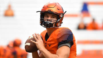 Sep 12, 2015; Syracuse, NY, USA; Syracuse Orange quarterback Eric Dungey (2) warms up prior to the game against the Wake Forest Demon Deacons at the Carrier Dome. Syracuse won 30-17. Mandatory Credit: Rich Barnes-USA TODAY Sports