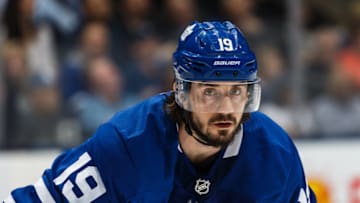 TORONTO, ON - MARCH 13: Nic Petan #19 of the Toronto Maple Leafs sets for face-off against the Chicago Blackhawks during the second period at the Scotiabank Arena on March 13, 2019 in Toronto, Ontario, Canada. (Photo by Kevin Sousa/NHLI via Getty Images)