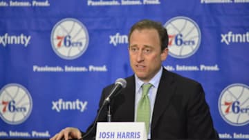 PHILADELPHIA - MAY 14: Managing Owner Josh Harris of the Philadelphia 76ers introduces Sam Hinkie as President of Basketball Operations and General Manager during a press conference on May 14, 2011 in Philadelphia, Pennsylvania. NOTE TO USER: User expressly acknowledges and agrees that, by downloading and or using this photograph, User is consenting to the terms and conditions of the Getty Images License Agreement. Mandatory Copyright Notice: Copyright 2013 NBAE (Photo by David Dow/NBAE via Getty Images)