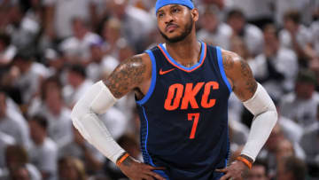 SALT LAKE CITY, UT - APRIL 23: Carmelo Anthony #7 of the Oklahoma City Thunder looks on during the game against the Utah Jazz in Game Four of Round One of the 2018 NBA Playoffs on April 23, 2018 at vivint.SmartHome Arena in Salt Lake City, Utah. NOTE TO USER: User expressly acknowledges and agrees that, by downloading and/or using this Photograph, user is consenting to the terms and conditions of the Getty Images License Agreement. Mandatory Copyright Notice: Copyright 2018 NBAE (Photo by Garrett Ellwood/NBAE via Getty Images)