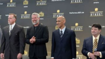Feb 6, 2016; San Francisco, CA, USA; Pro Football Hall of Fame Class of 2016 enshrinees (from left) Orlando Pace and Kevin Greene and Brett Favre and Tony Dungy and Eddie DeBartolo Jr. pose at press conference to announce the Pro Football Hall of Fame Class of 2016 at Bill Graham Civic Auditorium. Mandatory Credit: Kirby Lee-USA TODAY Sports