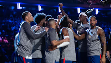 The Detroit Pistons huddle (Photo by Dustin Satloff/Getty Images)