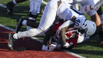Oct 24, 2020; Bloomington, Indiana, USA; Indiana Hoosiers running back Stevie Scott III (8) dives into he end zone for a touchdown under Penn State Nittany Lions linebacker Jesse Luketa (40) during the second quarter of the game at Memorial Stadium. Mandatory Credit: Marc Lebryk-USA TODAY Sports