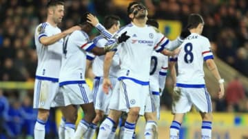 NORWICH, ENGLAND - MARCH 01: Diego Costa (C) of Chelsea celebrates scoring his team's second goal with his team mates during the Barclays Premier League match between Norwich City and Chelsea at Carrow Road on March 1, 2016 in Norwich, England. (Photo by Stephen Pond/Getty Images)