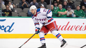 Feb 5, 2018; Dallas, TX, USA; New York Rangers defenseman Anthony DeAngelo (77) skates against the Dallas Stars during the game at the American Airlines Center. The Stars defeated the Rangers 2-1. Mandatory Credit: Jerome Miron-USA TODAY Sports