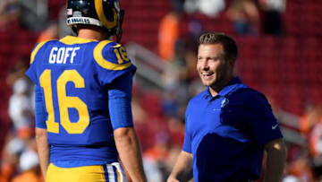 LOS ANGELES, CALIFORNIA - AUGUST 24: Head coach Sean McVay of the Los Angeles Rams laughs with Jared Goff #16 before a preseason game against the Denver Broncos at Los Angeles Memorial Coliseum on August 24, 2019 in Los Angeles, California. (Photo by Harry How/Getty Images)