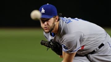 Jun 15, 2016; Phoenix, AZ, USA; Los Angeles Dodgers starting pitcher Clayton Kershaw (22) throws during the first inning against the Arizona Diamondbacks at Chase Field. Mandatory Credit: Matt Kartozian-USA TODAY Sports