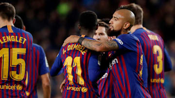 BARCELONA, SPAIN - DECEMBER 2: (L-R) Ousmane Dembele of FC Barcelona, Arturo Vidal of FC Barcelona during the La Liga Santander match between FC Barcelona v Villarreal at the Camp Nou on December 2, 2018 in Barcelona Spain (Photo by Soccrates/Getty Images)