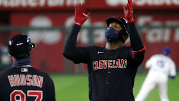 KANSAS CITY, MISSOURI - SEPTEMBER 01: Franmil Reyes #32 of the Cleveland Indians reacts after his fifth hit of the night during the game against the Kansas City Royals at Kauffman Stadium on September 01, 2020 in Kansas City, Missouri. (Photo by Jamie Squire/Getty Images)