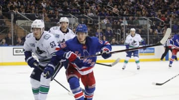 NEW YORK, NEW YORK - OCTOBER 20: Lias Andersson #28 of the New York Rangers skates against the Vancouver Canucks at Madison Square Garden on October 20, 2019 in New York City. The Canucks defeated the Rangers 3-2. (Photo by Bruce Bennett/Getty Images)