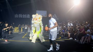GUANGZHOU, CHINA - AUGUST 12: NBA player James Harden attends a commercial event on August 12, 2017 in Guangzhou, Guangdong Province of China. (Photo by VCG/VCG via Getty Images)
