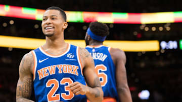 BOSTON, MA - NOVEMBER 21: Trey Burke #23 of the New York Knicks cracks a smile during a game against the Boston Celtics at TD Garden on November 21, 2018 in Boston, Massachusetts. NOTE TO USER: User expressly acknowledges and agrees that, by downloading and or using this photograph, User is consenting to the terms and conditions of the Getty Images License Agreement. (Photo by Kathryn Riley/Getty Images)