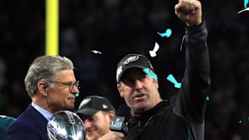 MINNEAPOLIS, MN - FEBRUARY 04: Head coach Doug Pederson of the Philadelphia Eagles celebrates with the Vince Lombardi Trophy as he is interviewed by NBC personality Dan Patrick after defeating the New England Patriots 41-33 in Super Bowl LII at U.S. Bank Stadium on February 4, 2018 in Minneapolis, Minnesota. (Photo by Mike Ehrmann/Getty Images)