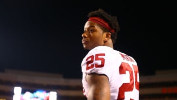 Nov 28, 2015; Stillwater, OK, USA; Oklahoma Sooners running back Joe Mixon (25) in the second quarter against the Oklahoma State Cowboys at Boone Pickens Stadium. Mandatory Credit: Mark J. Rebilas-USA TODAY Sports
