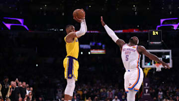 Russell Westbrook #0 of the Los Angeles Lakers misses a three pointer in front of Luguentz Dort #5 of the Oklahoma City Thunder, for the final shot of the game during a 107-104 Oklahoma City Thunder win at Staples Center on November 04, 2021 in Los Angeles, California. (Photo by Harry How/Getty Images)