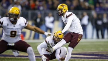 Nov 19, 2016; Seattle, WA, USA; Arizona State Sun Devils place kicker Zane Gonzalez (5) follows through on a 50-yard field goal against the Washington Huskies during the third quarter at Husky Stadium. Washington won 44-18. Mandatory Credit: Jennifer Buchanan-USA TODAY Sports