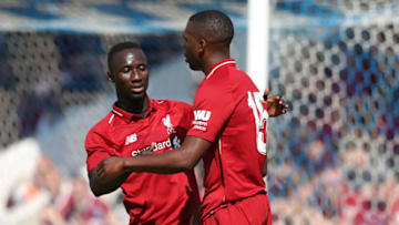 CHESTER, ENGLAND - JULY 07: Daniel Sturridge of Liverpool celebrates with Naby Keita of Liverpool during the Pre-season friendly between Chester FC and Liverpool on July 7, 2018 in Chester, United Kingdom. (Photo by Lynne Cameron/Getty Images)