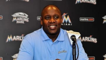 Sep 29, 2013; Miami, FL, USA; Miami Marlins president of baseball operations Michael Hill answers questions from reports during a press conference before a game against the Detroit Tigers at Marlins Ballpark. Mandatory Credit: Steve Mitchell-USA TODAY Sports