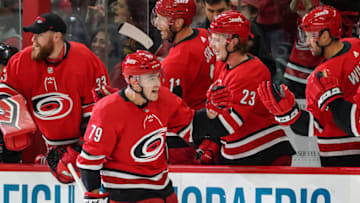 RALEIGH, NC - NOVEMBER 18: Carolina Hurricanes Left Wing Micheal Ferland (79) is congratulated by the bench after scoring during a game between the New Jersey Devils and the Carolina Hurricanes at the PNC Arena in Raleigh, NC on November 18, 2018. (Photo by Greg Thompson/Icon Sportswire via Getty Images)