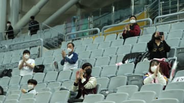 SEOUL, SOUTH KOREA - APRIL 03: Kiwwom Heros fans cheer during the KBO League game between Sumsung Lions and Kiwoom Heroes at Gocheok Sky Dome on April 03, 2021 in Seoul, South Korea. (Photo by Han Myung-Gu/Getty Images)