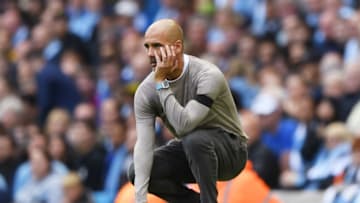 MANCHESTER, ENGLAND - AUGUST 31: Pep Guardiola, Manager of Manchester City reacts during the Premier League match between Manchester City and Brighton & Hove Albion at Etihad Stadium on August 31, 2019 in Manchester, United Kingdom. (Photo by Shaun Botterill/Getty Images)