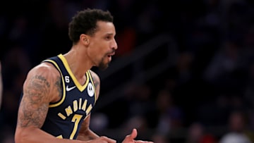 NEW YORK, NEW YORK - APRIL 09: George Hill #7 of the Indiana Pacers celebrates his three point shot in the second half against the New York Knicks at Madison Square Garden on April 09, 2023 in New York City. NOTE TO USER: User expressly acknowledges and agrees that, by downloading and or using this photograph, User is consenting to the terms and conditions of the Getty Images License Agreement. (Photo by Elsa/Getty Images)