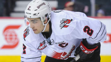 CALGARY, AB - DECEMBER 2: Josh Brook #2 of the Moose Jaw Warriors in action against the Calgary Hitmen during a WHL game at the Scotiabank Saddledome on December 2, 2018 in Calgary, Alberta, Canada. (Photo by Derek Leung/Getty Images)